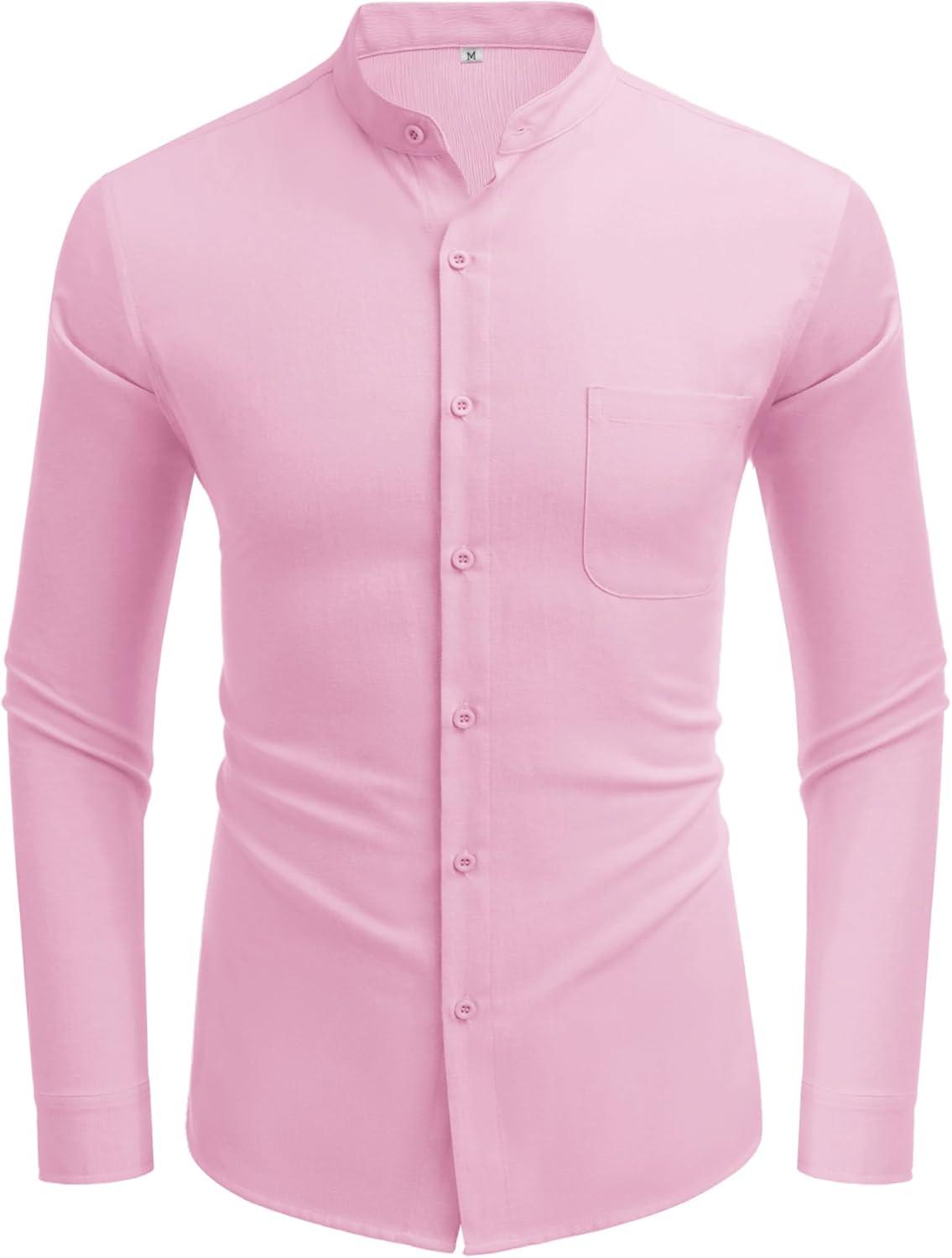 imageCOOFANDY Mens Oxford Shirts Long Sleeve Casual Button Down Shirts Band Collar Dress Shirt with PocketPink