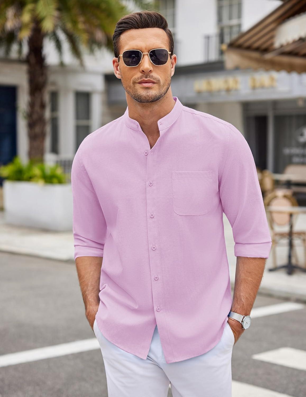 imageCOOFANDY Mens Oxford Shirts Long Sleeve Casual Button Down Shirts Band Collar Dress Shirt with PocketPink