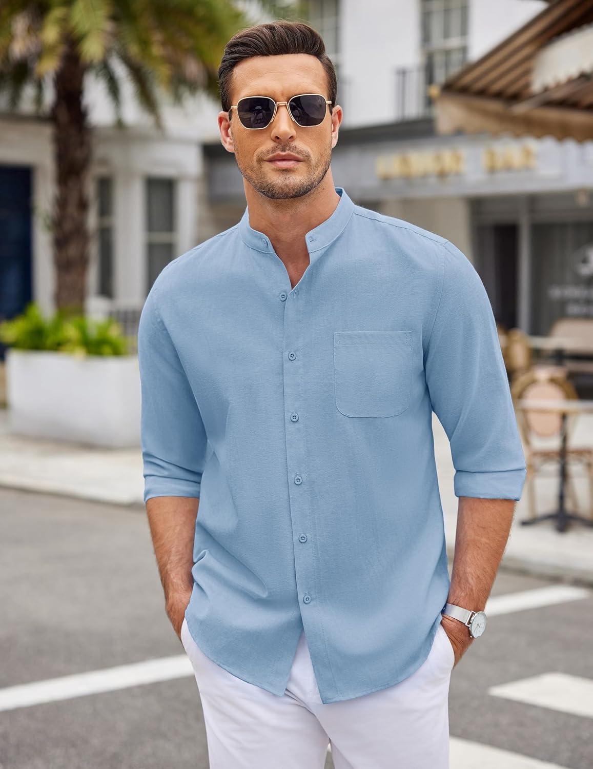 imageCOOFANDY Mens Oxford Shirts Long Sleeve Casual Button Down Shirts Band Collar Dress Shirt with PocketSky Blue