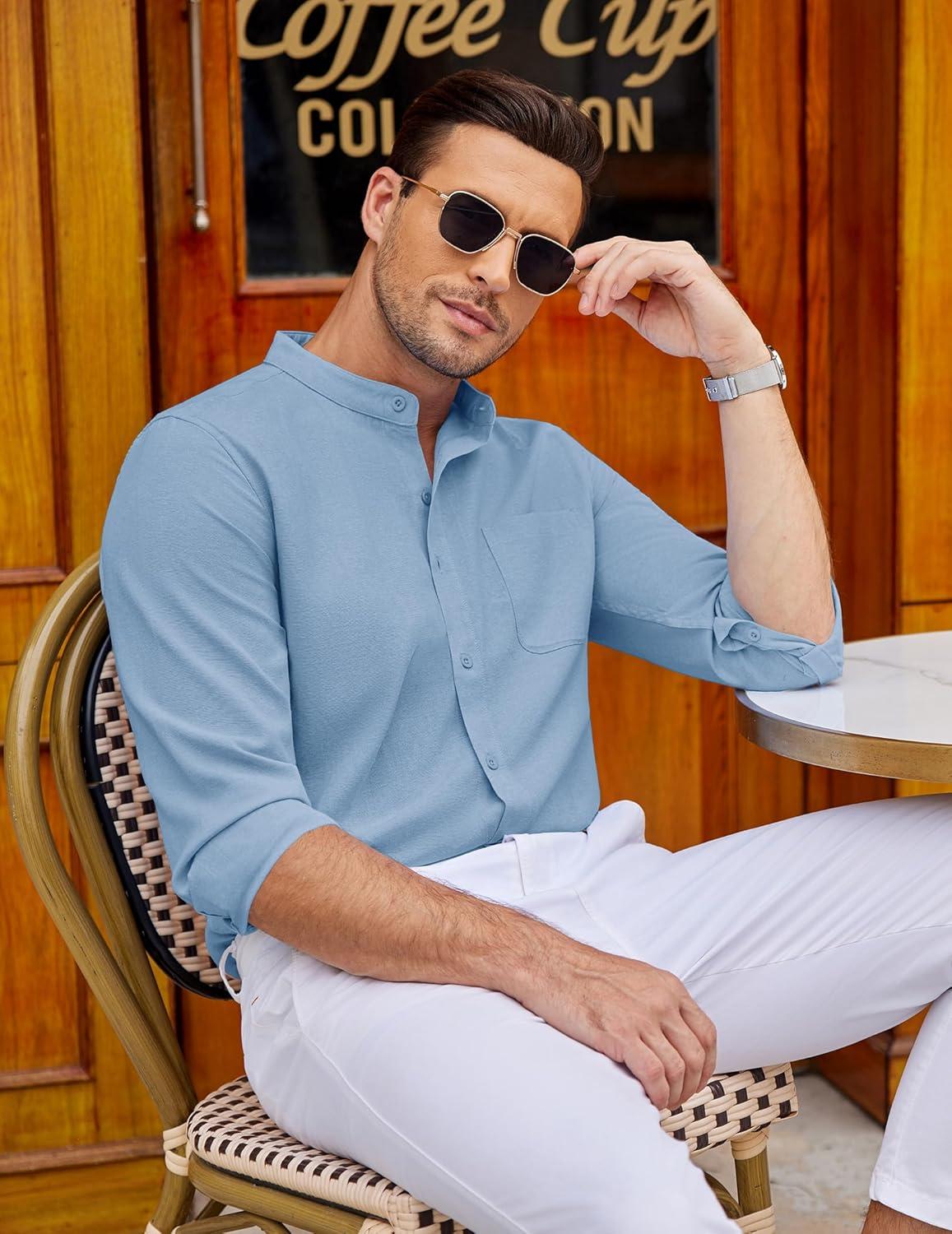 imageCOOFANDY Mens Oxford Shirts Long Sleeve Casual Button Down Shirts Band Collar Dress Shirt with PocketSky Blue