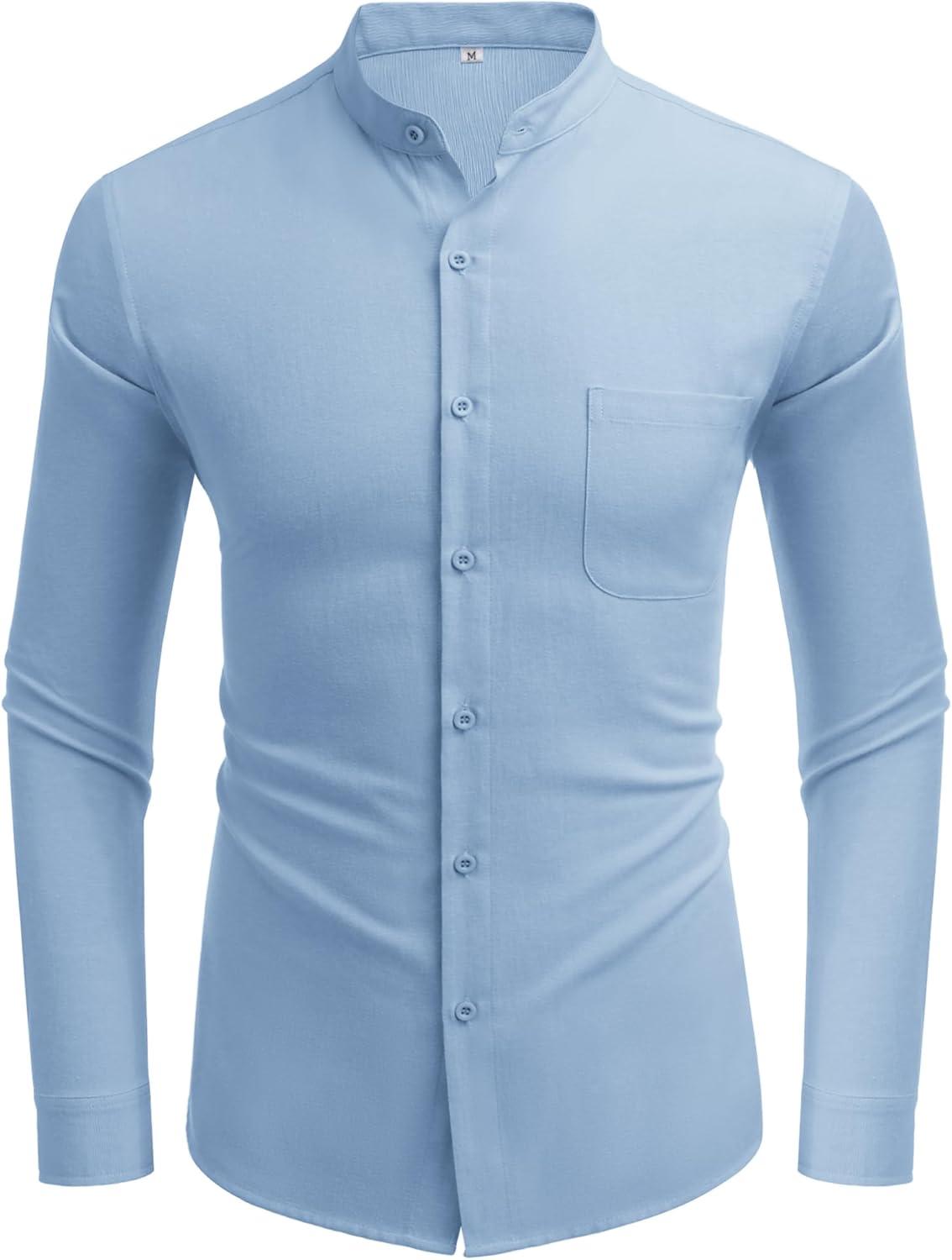 imageCOOFANDY Mens Oxford Shirts Long Sleeve Casual Button Down Shirts Band Collar Dress Shirt with PocketSky Blue