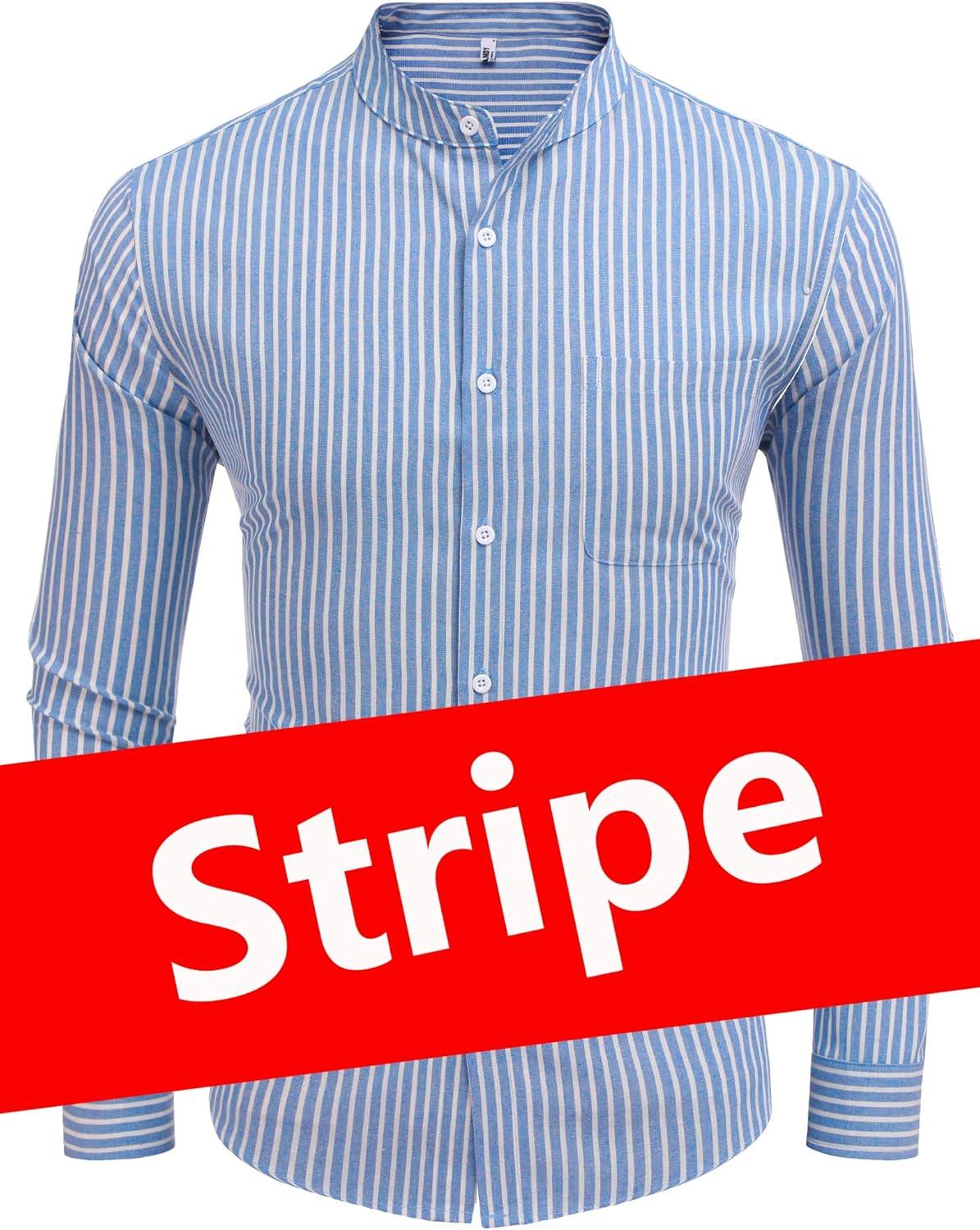 imageCOOFANDY Mens Oxford Shirts Long Sleeve Casual Button Down Shirts Band Collar Dress Shirt with PocketStripelight Bluewhite