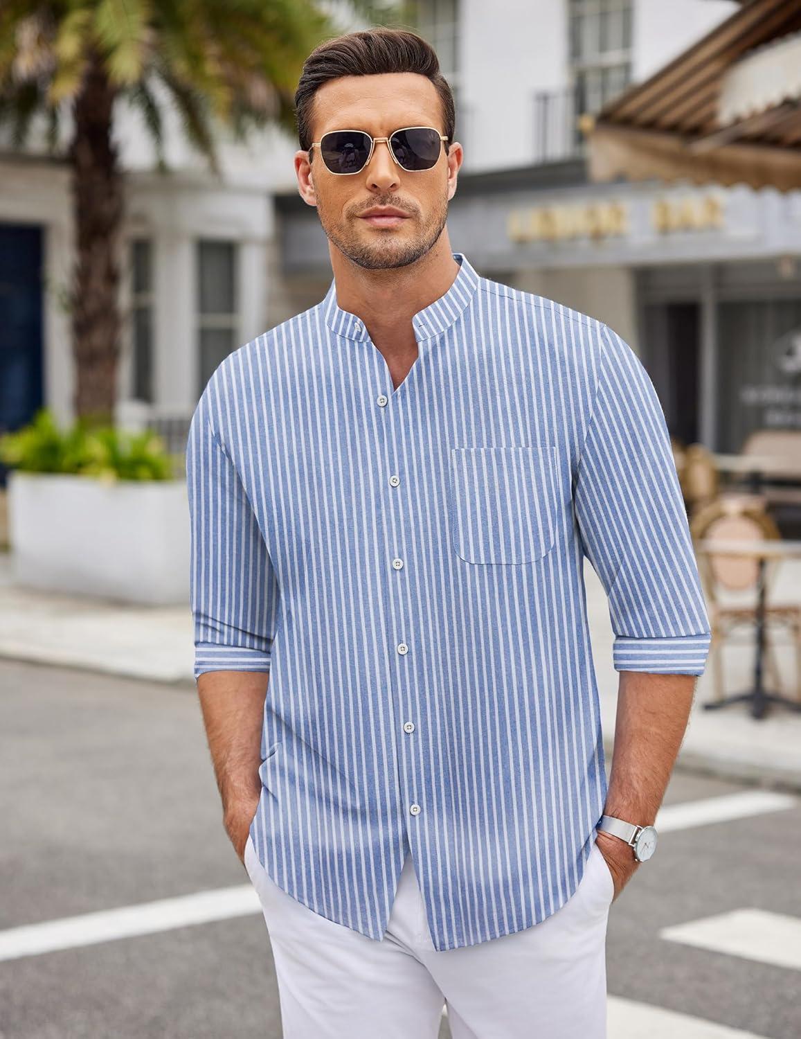 imageCOOFANDY Mens Oxford Shirts Long Sleeve Casual Button Down Shirts Band Collar Dress Shirt with PocketStripelight Bluewhite