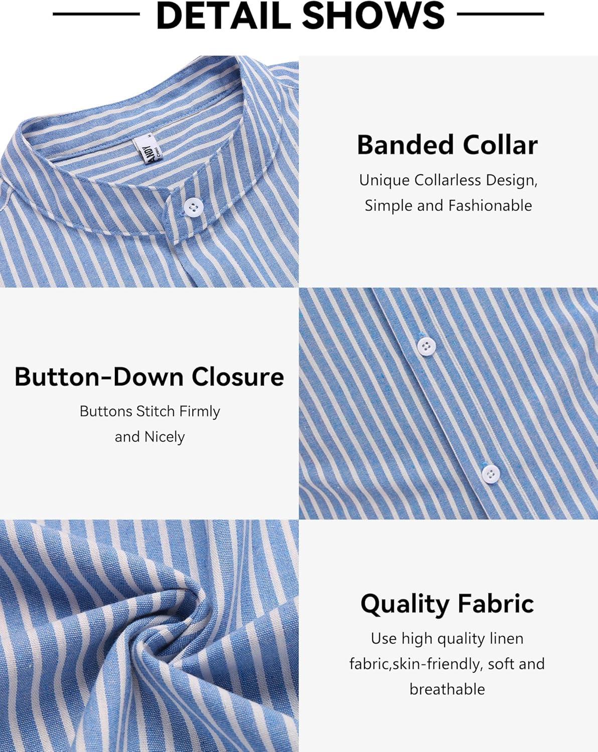 imageCOOFANDY Mens Oxford Shirts Long Sleeve Casual Button Down Shirts Band Collar Dress Shirt with PocketStripelight Bluewhite