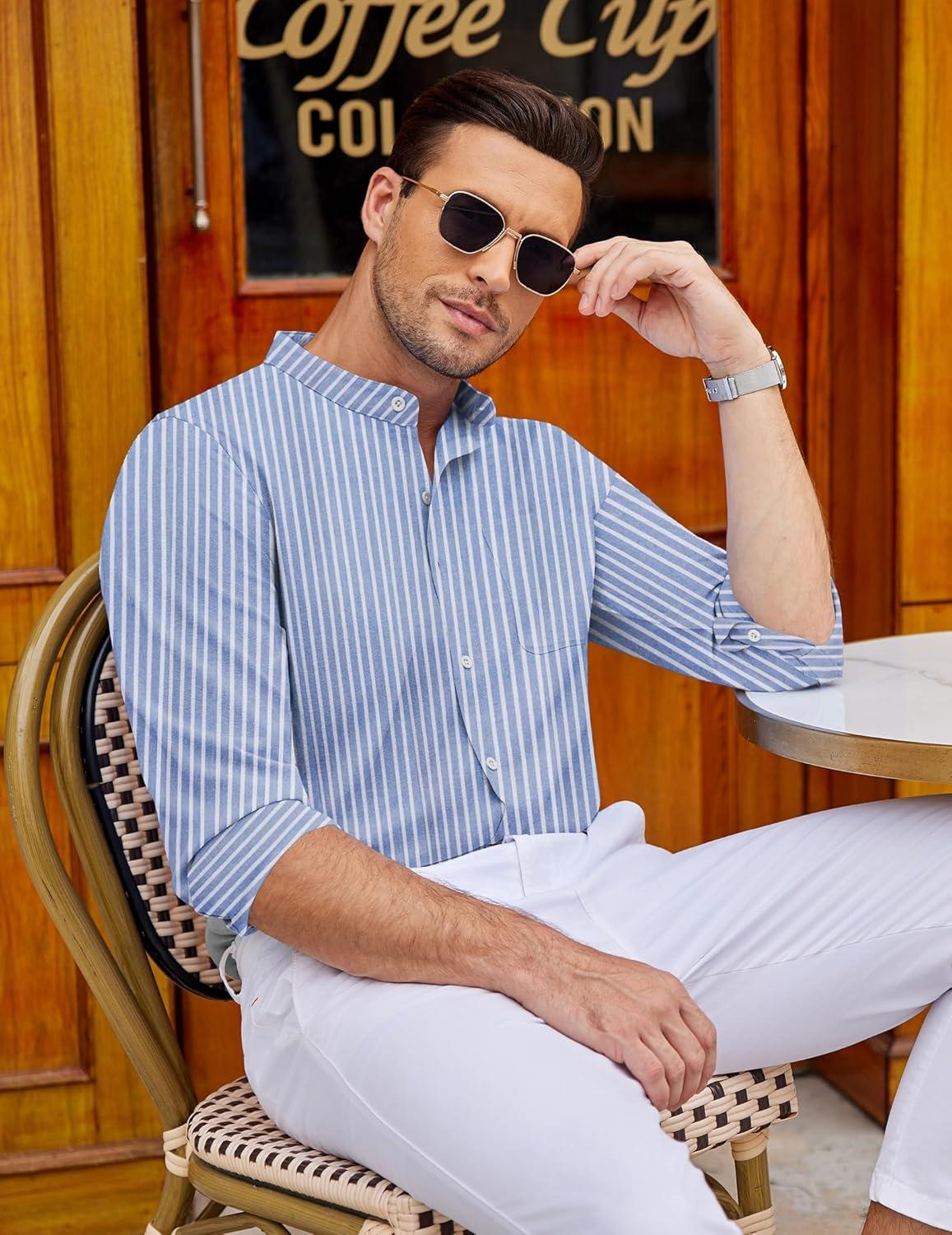 imageCOOFANDY Mens Oxford Shirts Long Sleeve Casual Button Down Shirts Band Collar Dress Shirt with PocketStripelight Bluewhite