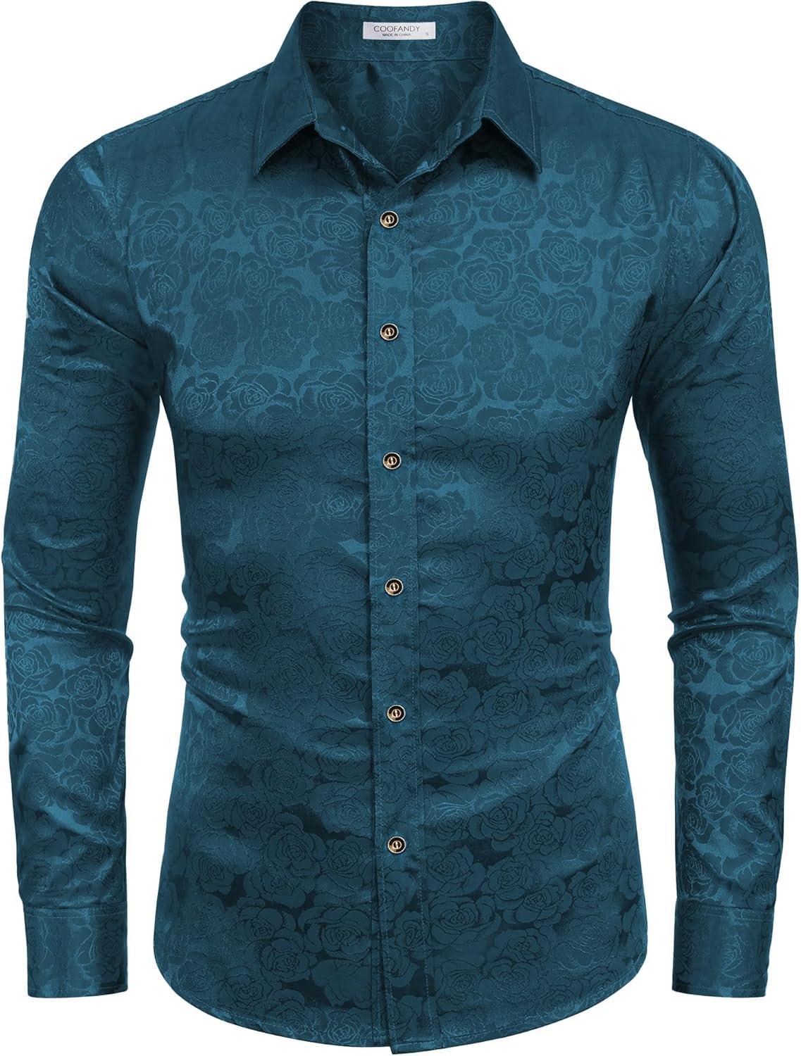 imageCOOFANDY Mens Silk Satin Dress Shirts Jacquard Long Sleeve Floral Button Up Shirts Party Prom Wedding ShirtBlue Floral