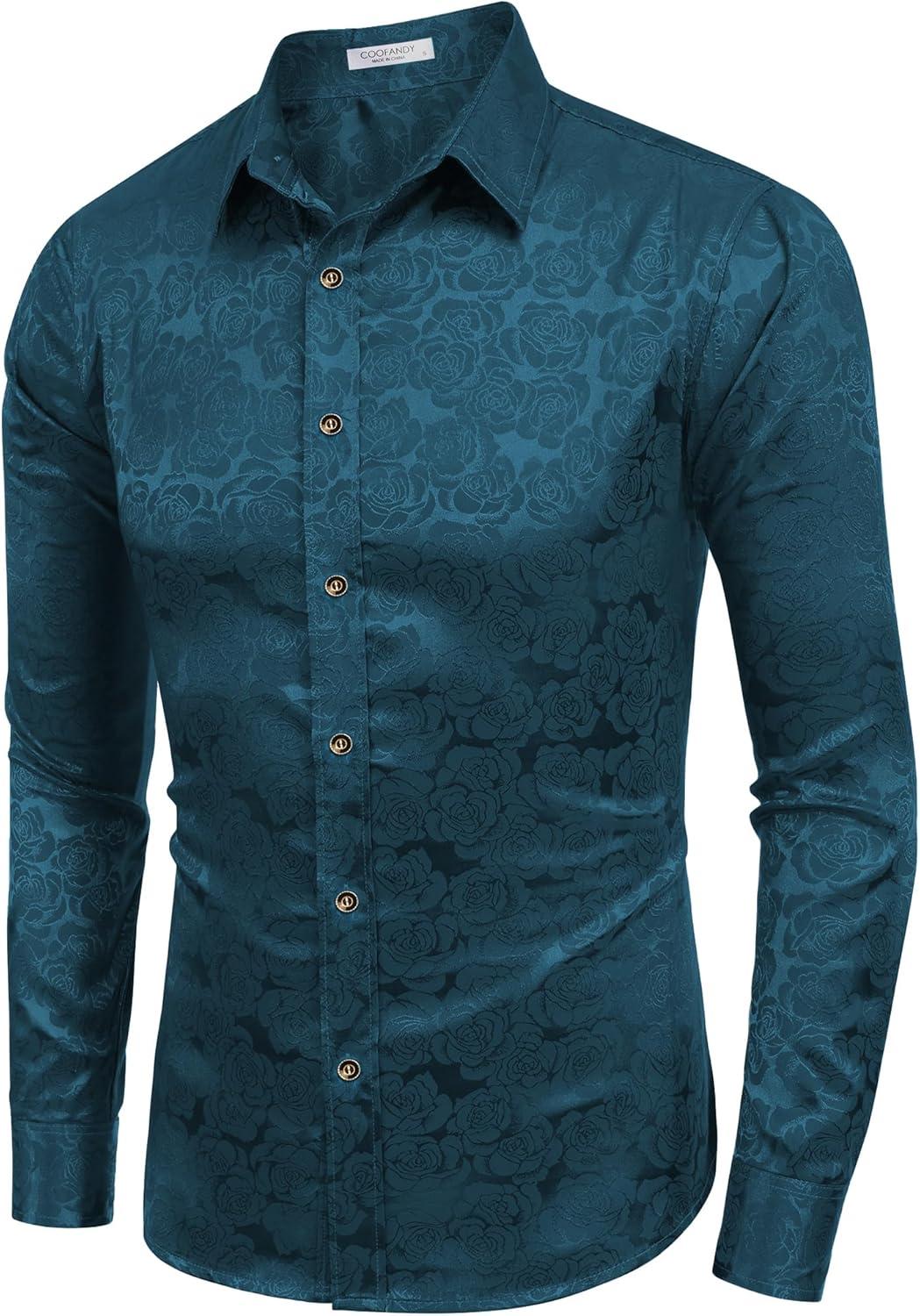 imageCOOFANDY Mens Silk Satin Dress Shirts Jacquard Long Sleeve Floral Button Up Shirts Party Prom Wedding ShirtBlue Floral