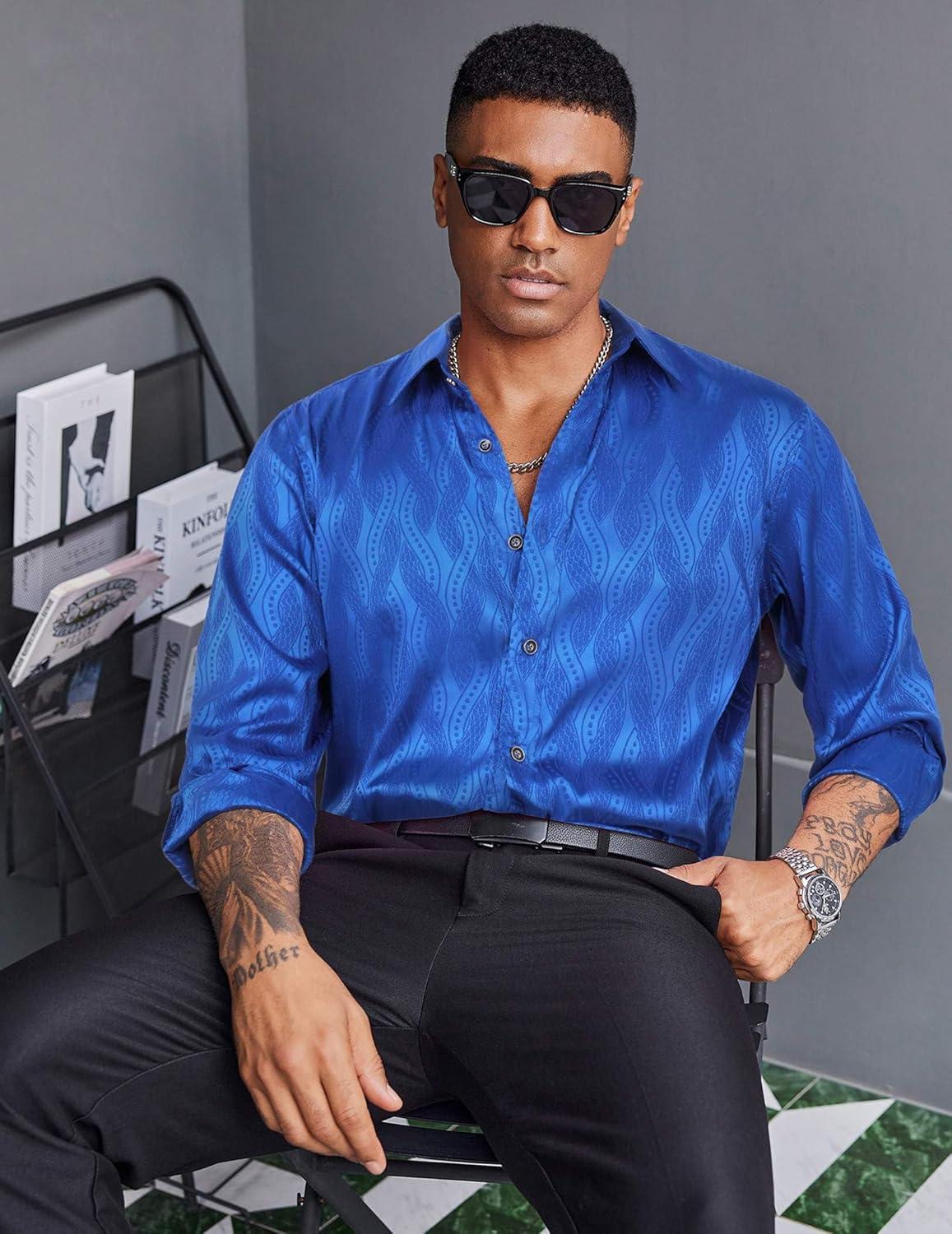 imageCOOFANDY Mens Silk Satin Dress Shirts Jacquard Long Sleeve Floral Button Up Shirts Party Prom Wedding ShirtBlue Twist