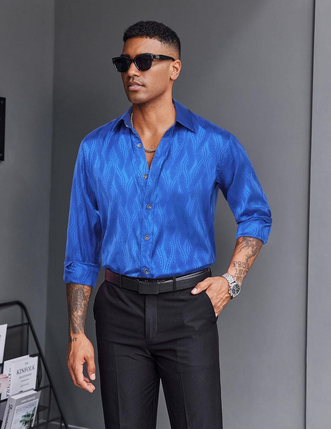 imageCOOFANDY Mens Silk Satin Dress Shirts Jacquard Long Sleeve Floral Button Up Shirts Party Prom Wedding ShirtBlue Twist