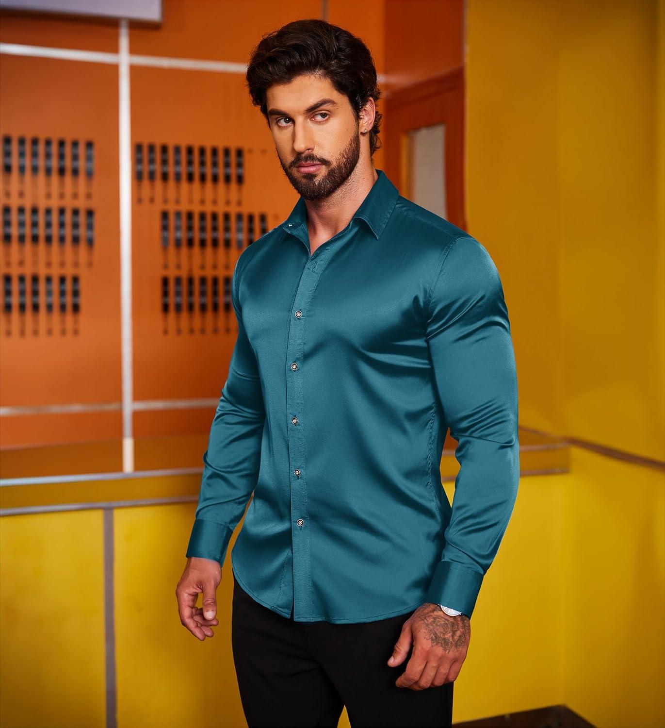 imageCOOFANDY Mens Silk Satin Dress Shirts Jacquard Long Sleeve Floral Button Up Shirts Party Prom Wedding ShirtDark Blue