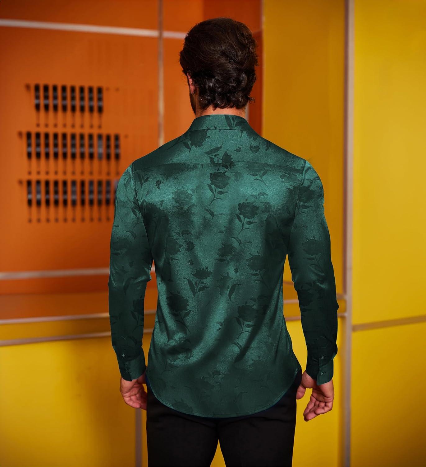 imageCOOFANDY Mens Silk Satin Dress Shirts Jacquard Long Sleeve Floral Button Up Shirts Party Prom Wedding ShirtGreen Rose Jacquard