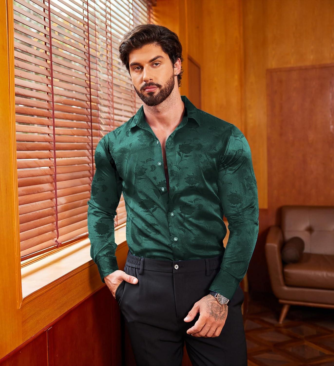 imageCOOFANDY Mens Silk Satin Dress Shirts Jacquard Long Sleeve Floral Button Up Shirts Party Prom Wedding ShirtGreen Rose Jacquard