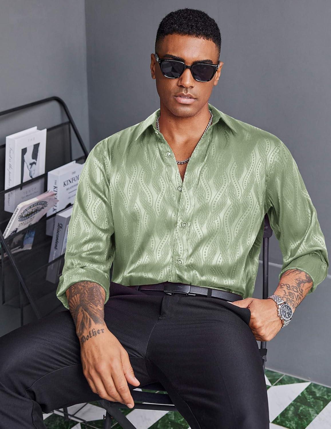 imageCOOFANDY Mens Silk Satin Dress Shirts Jacquard Long Sleeve Floral Button Up Shirts Party Prom Wedding ShirtGreen Twist