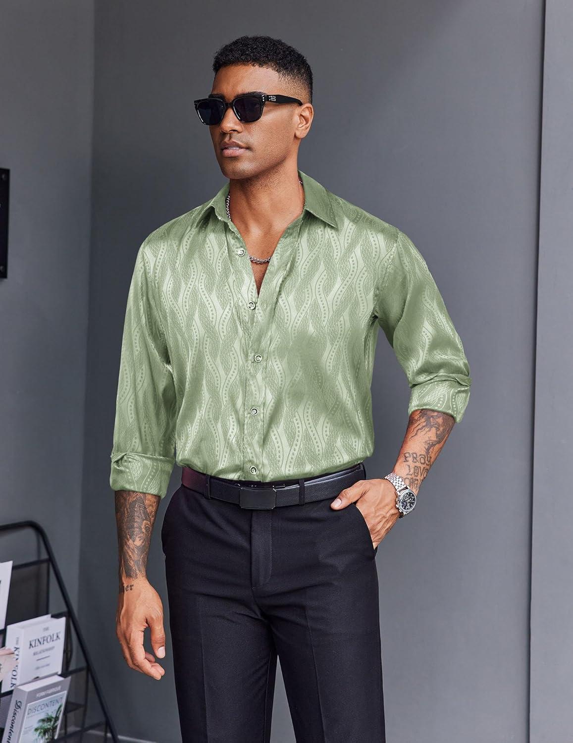 imageCOOFANDY Mens Silk Satin Dress Shirts Jacquard Long Sleeve Floral Button Up Shirts Party Prom Wedding ShirtGreen Twist