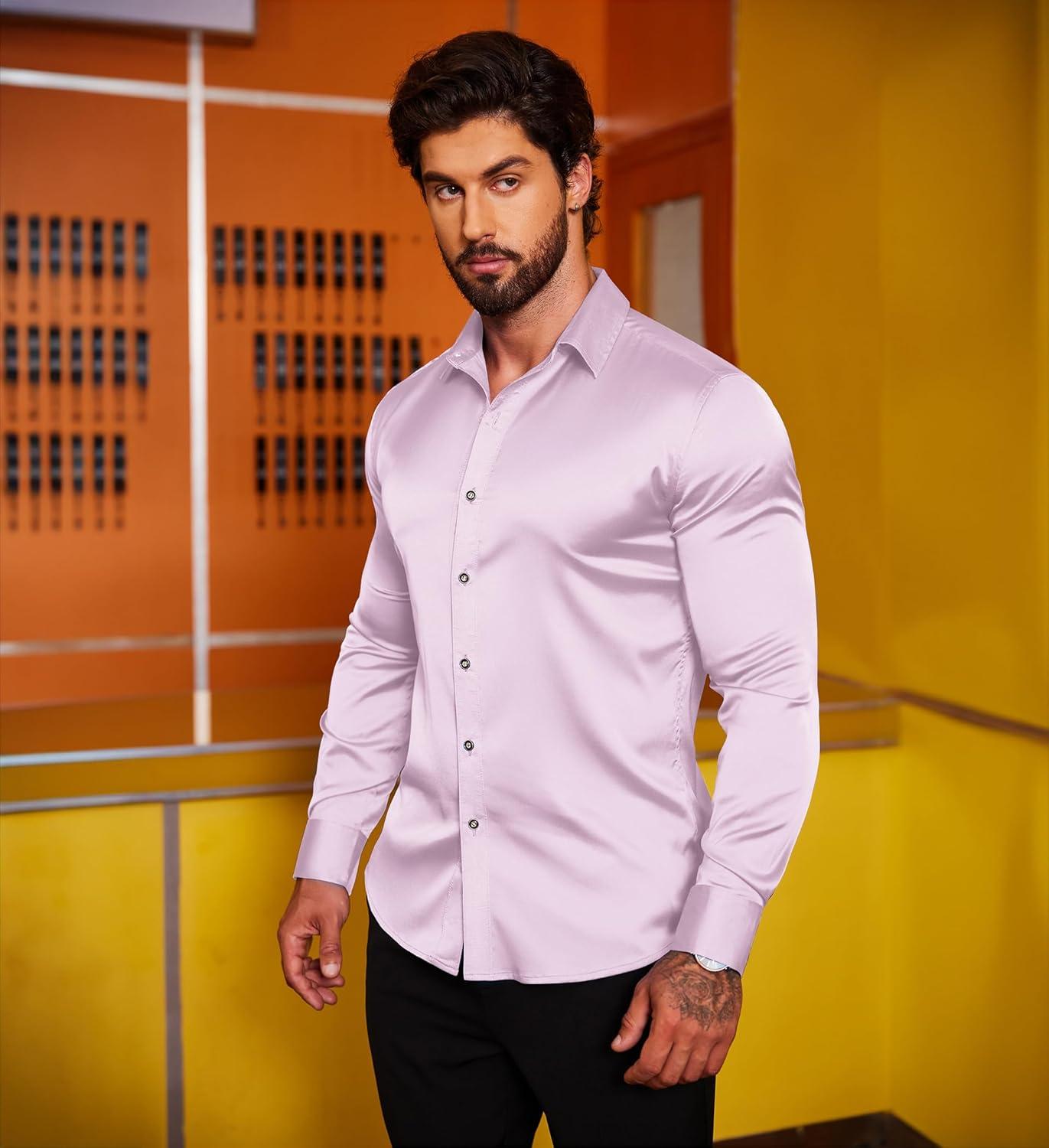 imageCOOFANDY Mens Silk Satin Dress Shirts Jacquard Long Sleeve Floral Button Up Shirts Party Prom Wedding ShirtLavender