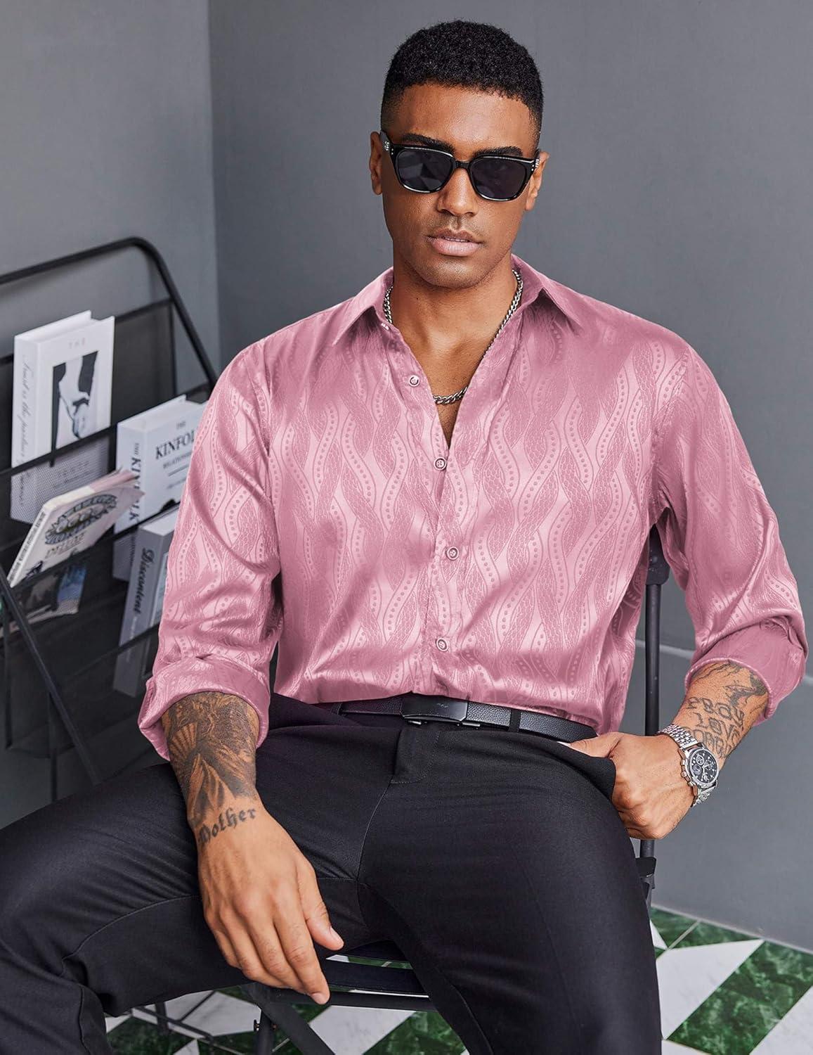 imageCOOFANDY Mens Silk Satin Dress Shirts Jacquard Long Sleeve Floral Button Up Shirts Party Prom Wedding ShirtPink Twist