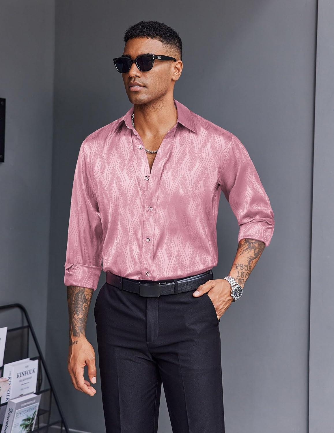 imageCOOFANDY Mens Silk Satin Dress Shirts Jacquard Long Sleeve Floral Button Up Shirts Party Prom Wedding ShirtPink Twist