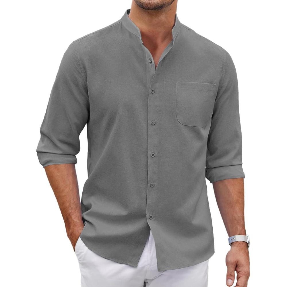 imageCOOFANDY Mens Oxford Shirts Long Sleeve Casual Button Down Shirts Band Collar Dress Shirt with PocketDark Grey