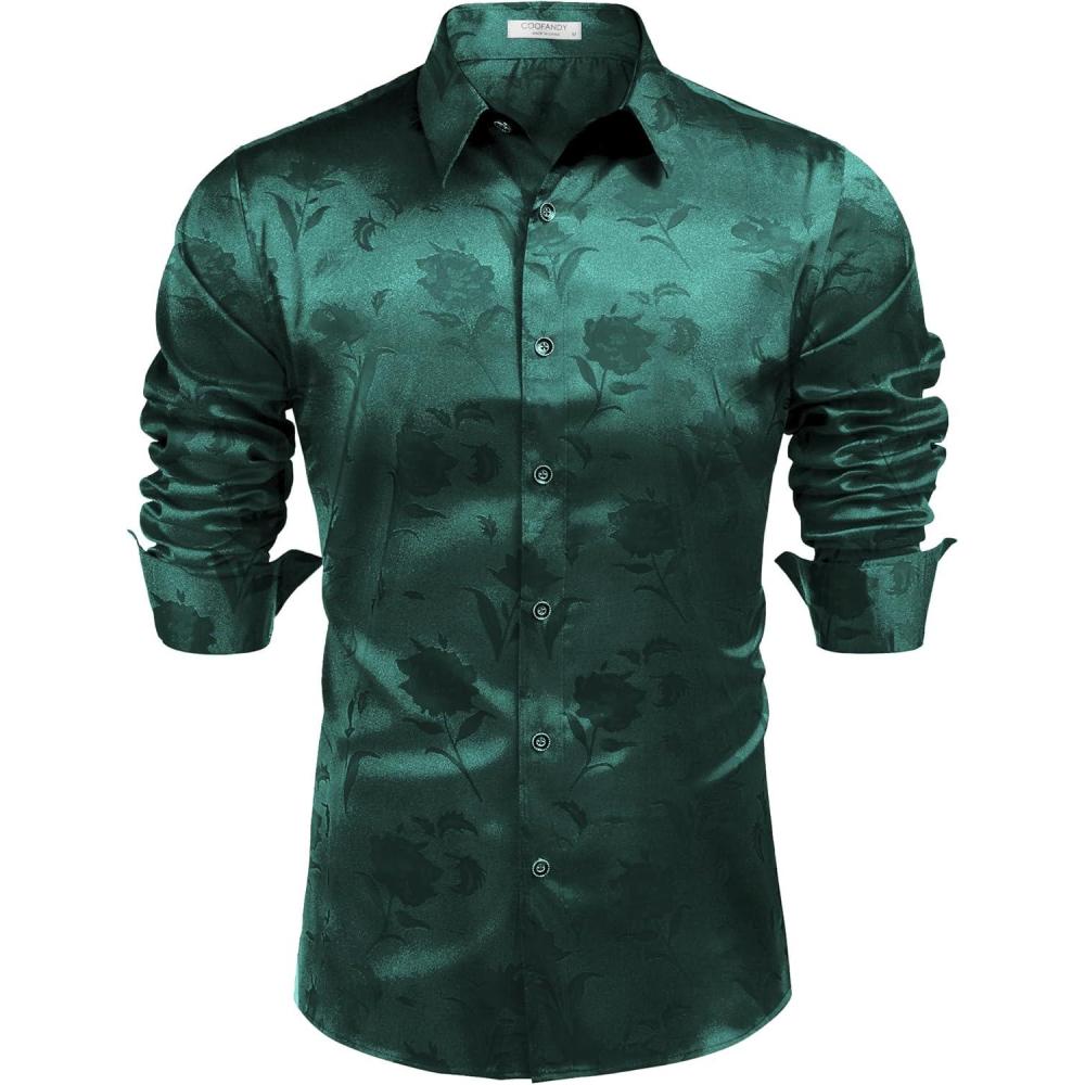 imageCOOFANDY Mens Silk Satin Dress Shirts Jacquard Long Sleeve Floral Button Up Shirts Party Prom Wedding ShirtGreen Rose Jacquard
