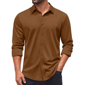 imageCOOFANDY Mens Casual Button Down Shirt Long Sleeve Wrinkle Free Shirts Stretch Dress ShirtBrown