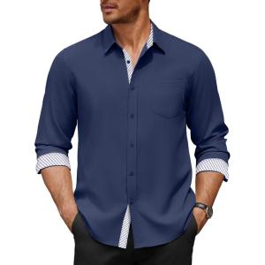 imageCOOFANDY Mens Dress Shirt Wrinkle Free Regular Fit Stretch Long Sleeve Button Down ShirtsNavy Blue
