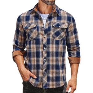 imageCOOFANDY Mens Fall Plaid Button Down Shirt Long Sleeve Casual Cowboy Work Shirts Lightweight Flannel Shirts Two PocketA Plaidnavy Khaki Plaid