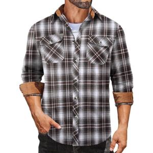 imageCOOFANDY Mens Fall Plaid Button Down Shirt Long Sleeve Casual Cowboy Work Shirts Lightweight Flannel Shirts Two PocketPlaidbrown White Plaid