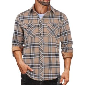 imageCOOFANDY Mens Fall Plaid Button Down Shirt Long Sleeve Casual Cowboy Work Shirts Lightweight Flannel Shirts Two PocketPlaidkhaki