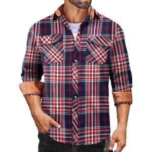 imageCOOFANDY Mens Fall Plaid Button Down Shirt Long Sleeve Casual Cowboy Work Shirts Lightweight Flannel Shirts Two PocketPlaidred Navy White