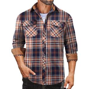 imageCOOFANDY Mens Fall Plaid Button Down Shirt Long Sleeve Casual Cowboy Work Shirts Lightweight Flannel Shirts Two PocketPlaidvibrant Orange
