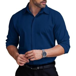 imageCOOFANDY Mens Formal Dress Shirt Hidden Button Front Wrinkle Free Shirt Regular Fit Stretch Business Casual ShirtsDark Blue