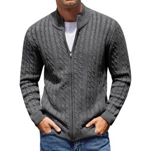 imageCOOFANDY Mens Full Zip Cardigan Sweater Slim Fit Cable Knitted Zip Up Sweater with PocketsHeathered Black