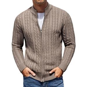 imageCOOFANDY Mens Full Zip Cardigan Sweater Slim Fit Cable Knitted Zip Up Sweater with PocketsHeathered Brown