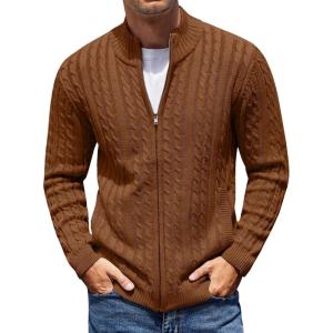 imageCOOFANDY Mens Full Zip Cardigan Sweater Slim Fit Cable Knitted Zip Up Sweater with PocketsReddish Brown