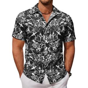 imageCOOFANDY Mens Hawaiian Shirts Short Sleeve Button Down Aloha Shirt Casual Beach ClothesA White Black Flower