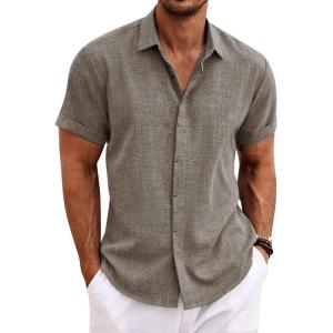imageCOOFANDY Mens Linen Shirts Short Sleeve Casual Shirts Button Down Shirt for Men Beach Summer Wedding ShirtBrown
