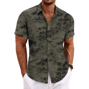imageCOOFANDY Mens Linen Shirts Short Sleeve Casual Shirts Button Down Shirt for Men Beach Summer Wedding ShirtDark Green Print