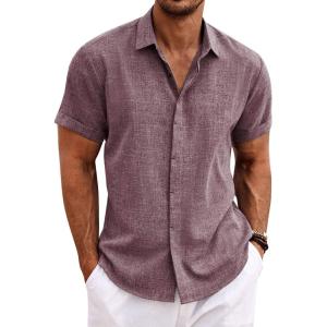 imageCOOFANDY Mens Linen Shirts Short Sleeve Casual Shirts Button Down Shirt for Men Beach Summer Wedding ShirtDark Red