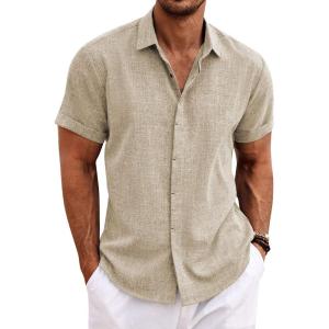 imageCOOFANDY Mens Linen Shirts Short Sleeve Casual Shirts Button Down Shirt for Men Beach Summer Wedding ShirtKhaki