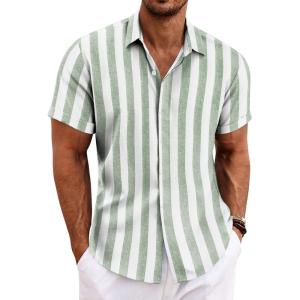 imageCOOFANDY Mens Linen Shirts Short Sleeve Casual Shirts Button Down Shirt for Men Beach Summer Wedding ShirtLight Greenwhite Stripes