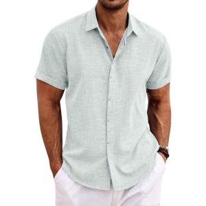 imageCOOFANDY Mens Linen Shirts Short Sleeve Casual Shirts Button Down Shirt for Men Beach Summer Wedding ShirtMint Blue