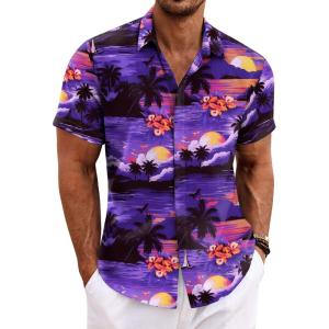 imageCOOFANDY Mens Linen Shirts Short Sleeve Casual Shirts Button Down Shirt for Men Beach Summer Wedding ShirtSunsetblue Purple