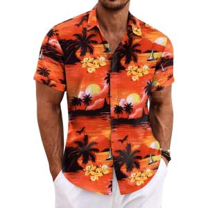 imageCOOFANDY Mens Linen Shirts Short Sleeve Casual Shirts Button Down Shirt for Men Beach Summer Wedding ShirtSunsetred
