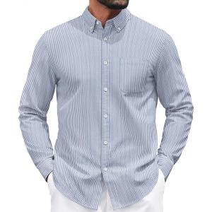 imageCOOFANDY Mens Long Sleeve Button Down Shirt Casual Untucked Shirts for Men Oxford Dress ShirtsWhiteblue Stripe