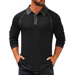 imageCOOFANDY Mens Long Sleeve Polo Shirts Casual Button Collared Shirts Raglan Golf T ShirtBlack