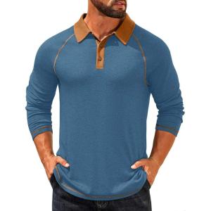 imageCOOFANDY Mens Long Sleeve Polo Shirts Casual Button Collared Shirts Raglan Golf T ShirtDenim Blue