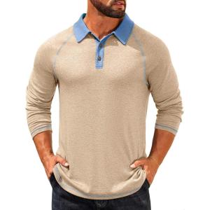 imageCOOFANDY Mens Long Sleeve Polo Shirts Casual Button Collared Shirts Raglan Golf T ShirtLight Khaki