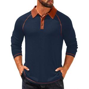 imageCOOFANDY Mens Long Sleeve Polo Shirts Casual Button Collared Shirts Raglan Golf T ShirtNavy Blue