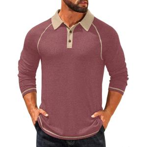 imageCOOFANDY Mens Long Sleeve Polo Shirts Casual Button Collared Shirts Raglan Golf T ShirtRed