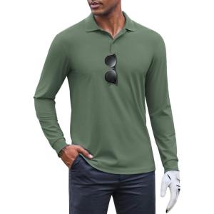 imageCOOFANDY Mens Long Sleeve Polo Shirts Moisture Wicking Golf Shirts Lightweight Athletic Collared ShirtArmy Green